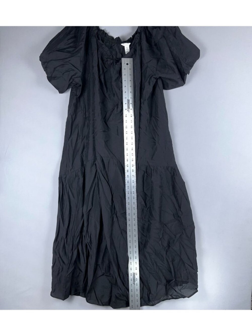 H&M Tiered Midi Dress Size  XL Black Puff Sleeve Ruffled Neck Off Shoulder - Picture 9 of 11